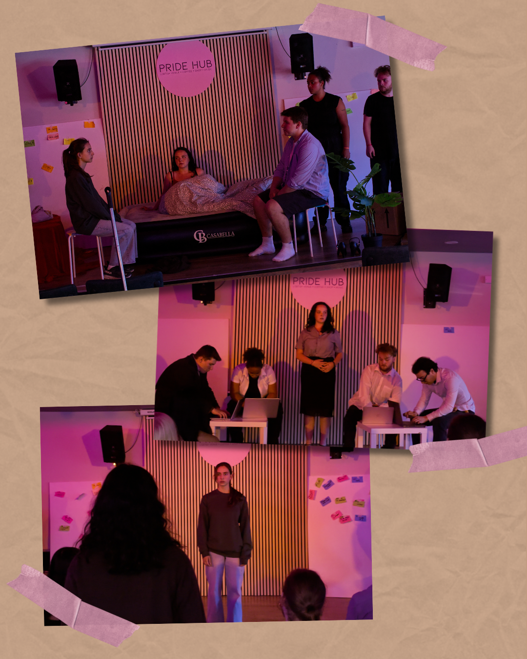 Three taped up pictures of a stage with 5 people on it with a pink wash.